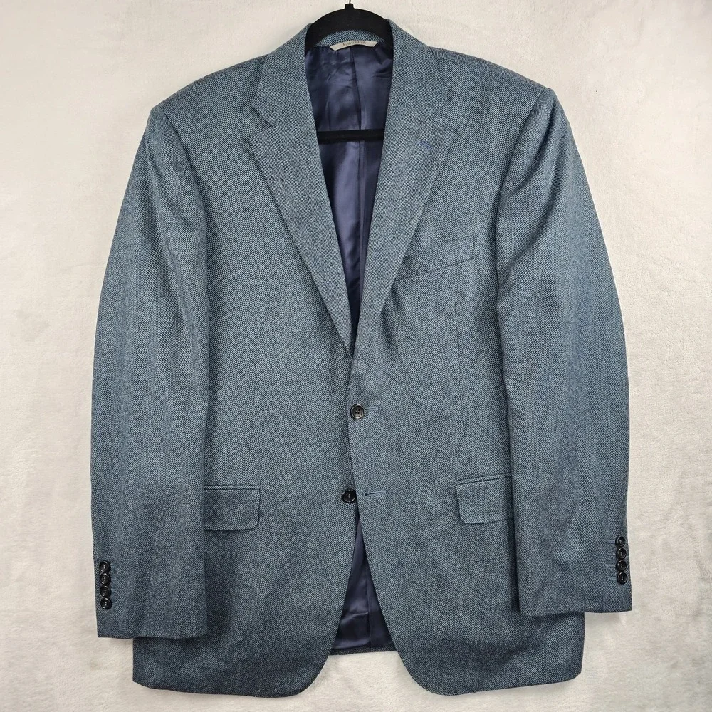Canali 1934 Blazer 40R Wool Cashmere Herringbone Flannel Aqua Sport Coat L 13290